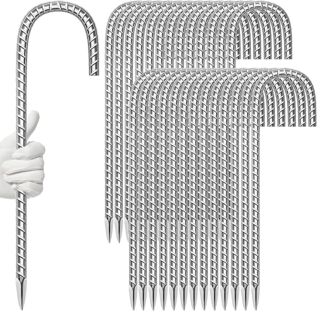 27 Pack Ground Garden Rebar Stakes Rebar 16 Inch Anti-Rust Galvanized Steel J Shape Hook Heavy Duty Ground Anchors for Tents, Position Kits,Fences, and Trampolines Landscape Fabric