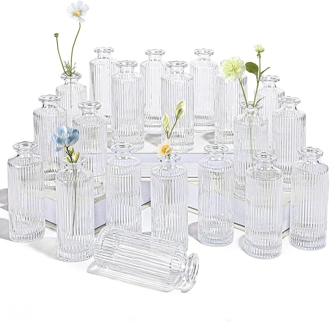 Glass Bud Vases Set of 20, Living Bud Vases, Small Bud Vase in Bulk, Mini Flowers Vases for Centerpiece, Vintage Decorative Vase Set for Table Decorations, Wedding Reception, Home Decor (Clear)
