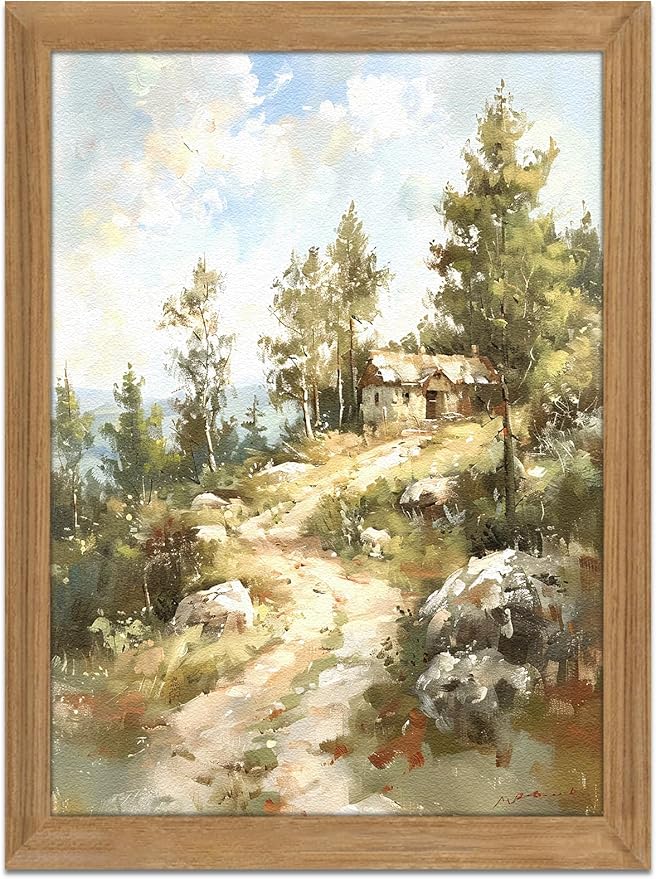 AKWISH Framed Vintage Wall Art - 3D Textures Vintage Wilderness Painting Farmhouse Decor - Hand Drawn Suburbs Wall Art for Living Room Bedroom Decor Bathroom 12x16in