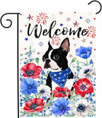 4th of July Boston Terrier Garden Flag Red White Blue Floral Dog Yard Flags Small Memorial Independence Day Banner 12x18 Double Sided for Outside Outdoor Patriotic Decor