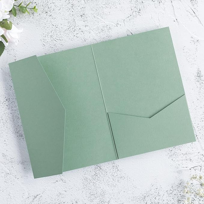 20 PCS Sage Green Tri-fold Laser Cut Wedding Invitation Pockets for 5x7 Wedding Cards Bridal Shower Engagement Quinceanera Invitation
