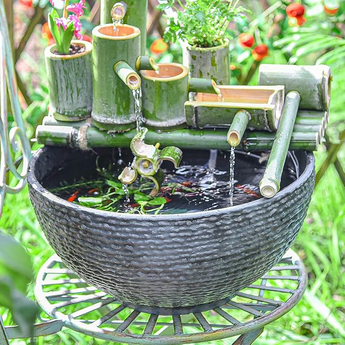 Sungmor Large Garden Bowl Planter Water Plant Pot, Miniature Landscaping Succulent Planter, 15.6 Inch Marble Texture Water Lily Pots, Small Fountain Base Mini Fish Pond Bird Bath