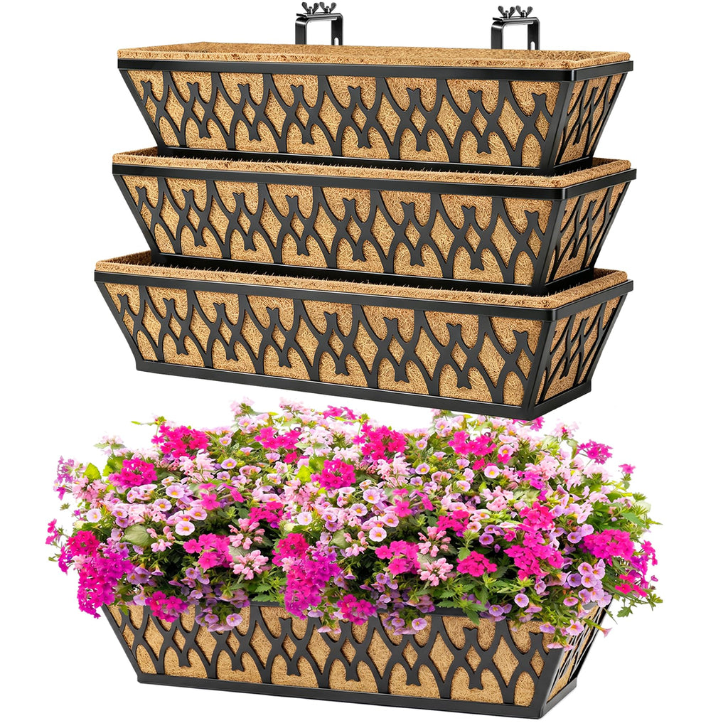 4 Pack 24 Inch Window Boxes Planters for Outdoor Plants Railing Planter Box with Adjustable Brackets for Windowsill Porch Fence Patio Hanging Flower Coco Baskets for Outside Decoration - Black