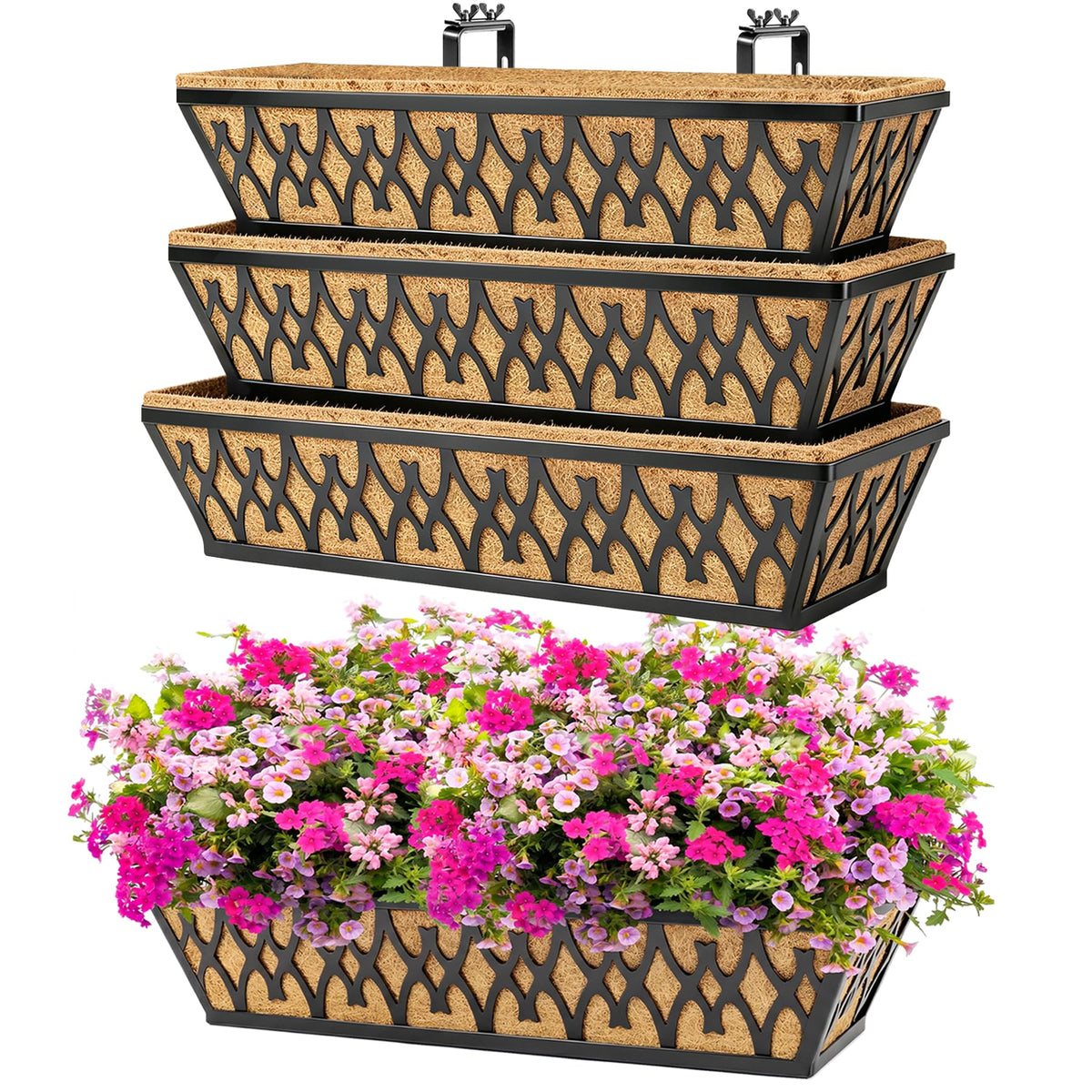 4 Pack 24 Inch Window Boxes Planters for Outdoor Plants Railing Planter Box with Adjustable Brackets for Windowsill Porch Fence Patio Hanging Flower Coco Baskets for Outside Decoration - Black