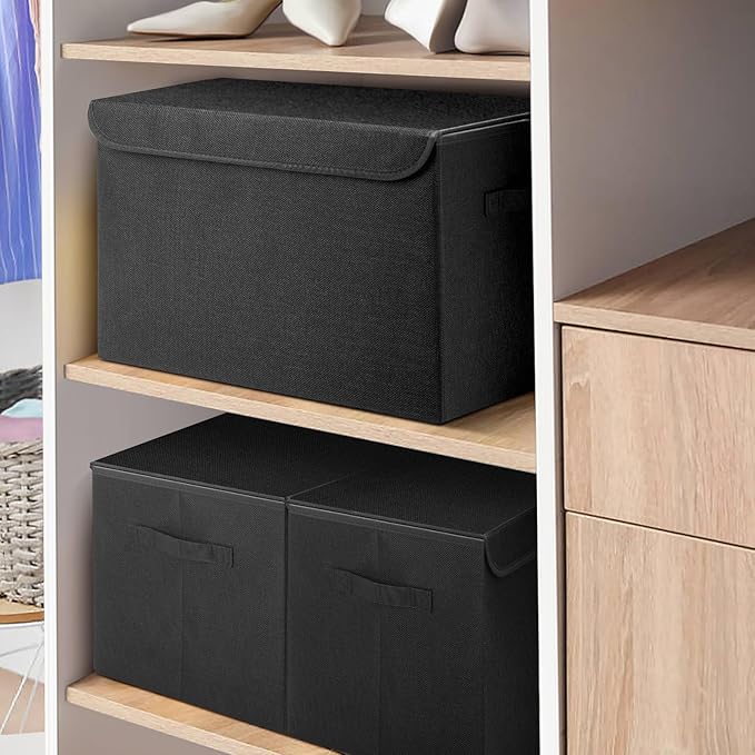 Large 17" 42 Quarts Collapsible Stackable Storage Bins with Lids [3-Pack] Foldable Fabric Linen Storage Boxes Cube, Closet Organizer Baskets with Label (16.7 x 12 x 12", Black)