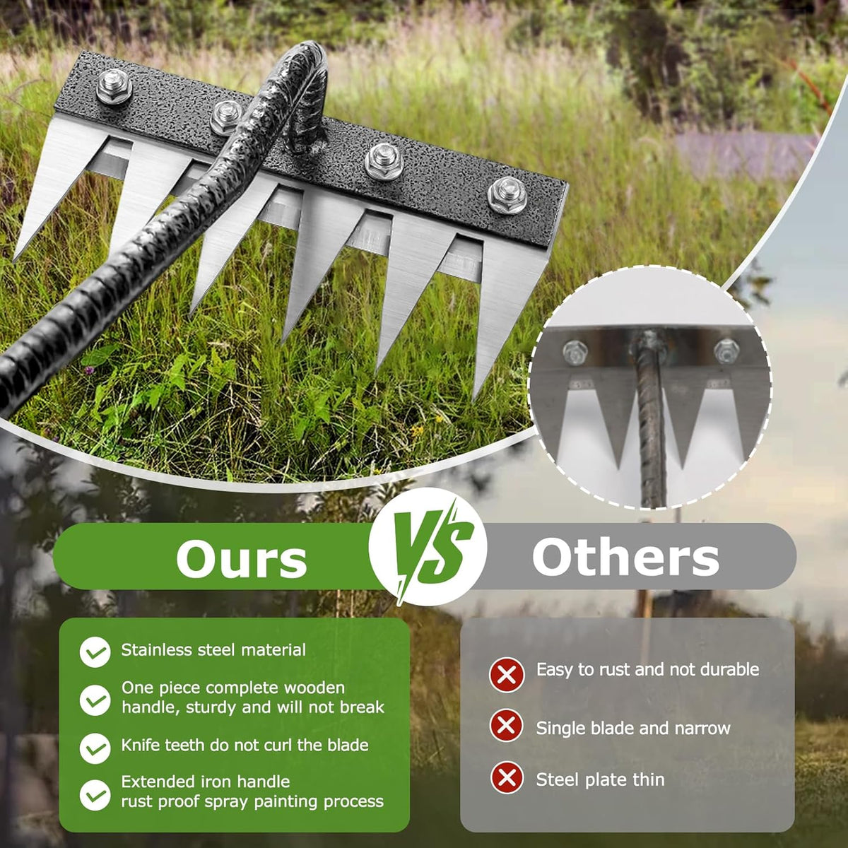 Gardenia Iron Weeding Rake, 2.0 Iron Weeding Rake with Long Handle, 6 Teeth Heavy Duty Puller Tools for Gardening, Weedings ,Lawn