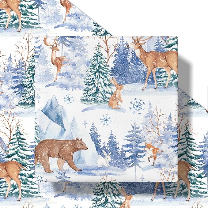 LeZakaa Christmas Wrapping Paper Roll, Winter Forest Animal Gift Wrap with Deer Bear Rabbit Snowflake Design, Watercolor Style, for Xmas Presents Family Gatherings, Holiday, Mini Roll 17 in x 16.4 Ft