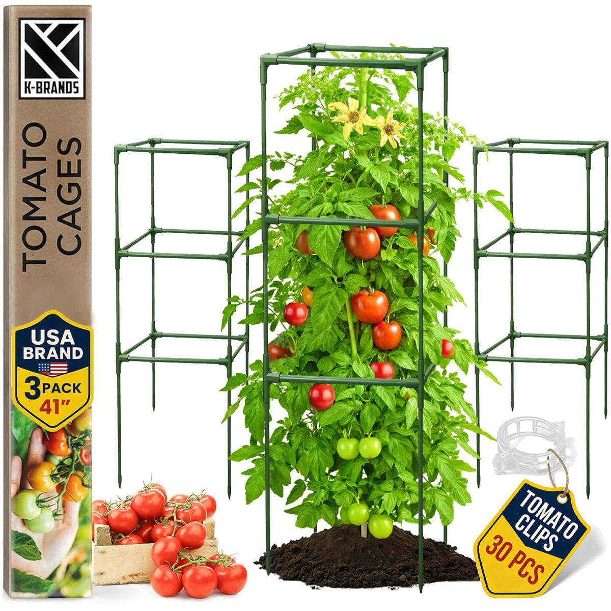 Square Tomato Cage - Large Trellis Stakes and Plant Support Structures for Vegetables and Climbing Plants - Tall Tomato Cages for Garden, Pots, Raised Garden Bed Outdoor Supplies (3 Pack - Up to 41")