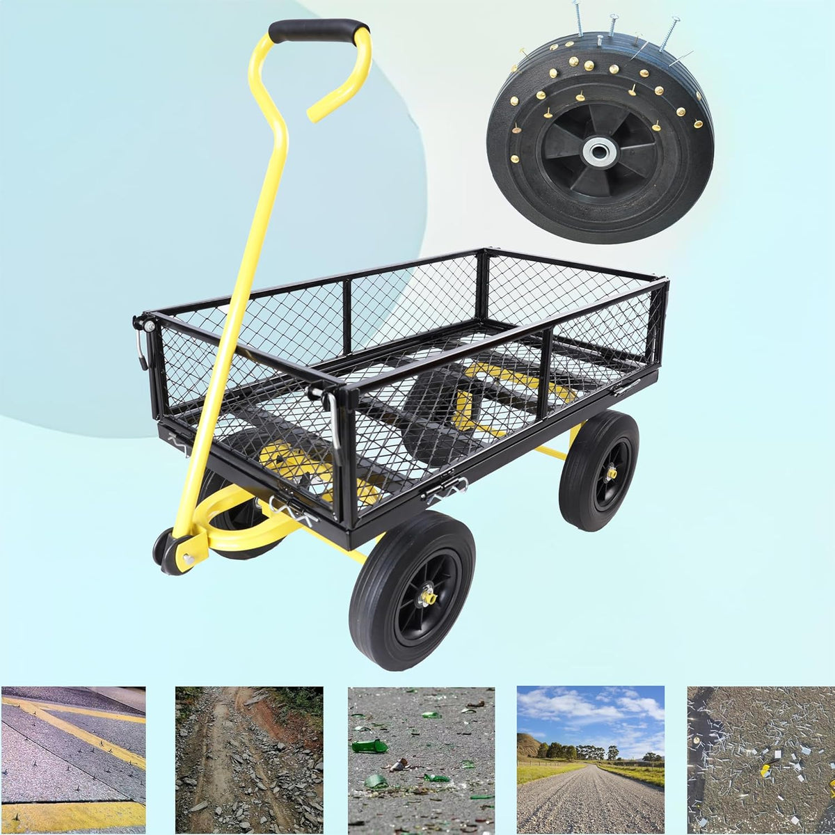 Wagon with Removable Sides - Farm, Warehouse & Garden Dump Cart - Solid Yellow+Black Wheels