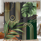 Glawry Dark Green Gold Boho Mid Century Shower Curtain Extra Long Abstract Minimalist Tropical Modern Geometric Leaf Bathroom Simple 72Wx84L Inches Bath Accessories Art Home Decor Fabric 12 Pack Hook