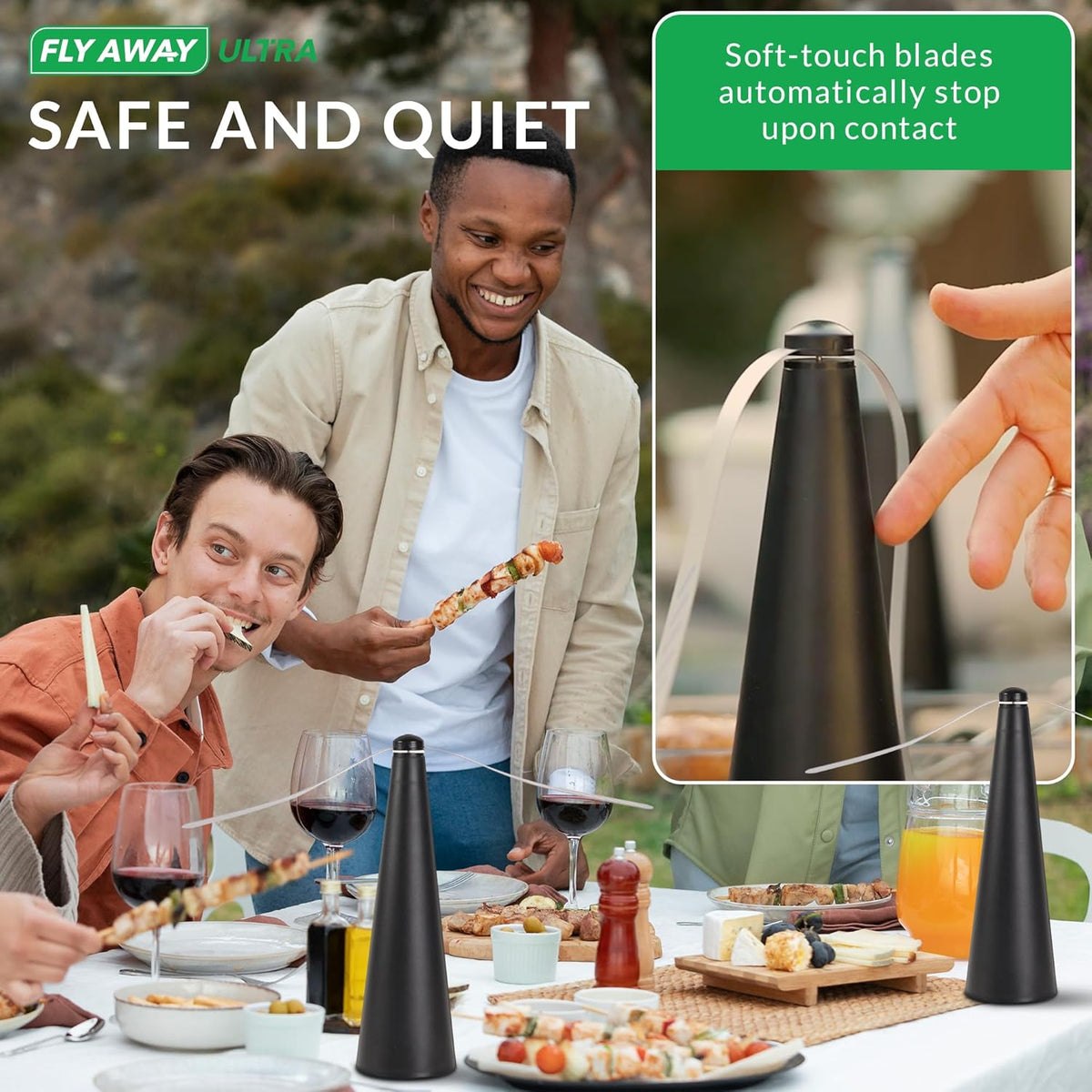 Fly Away Ultra - 2 Pack Rechargeable Outdoor Fly Fans for Tables with Ultrasound, Outdoor or Indoor Tabletop use, Restaurant, Barbeque, Events, Deter Flies, Wasps, Bees, Moscas and Bugs, Hanging Hook.
