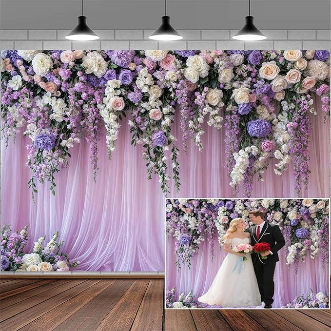 8x6ft Purple Lavender Floral Bridal Backdrop Wedding Flower Photography Backdrop for Girl Portrait Baby Shower Birthday Party Decor Banner Mother's Day Party Wall Backdrop Studio Photo Backgrounds