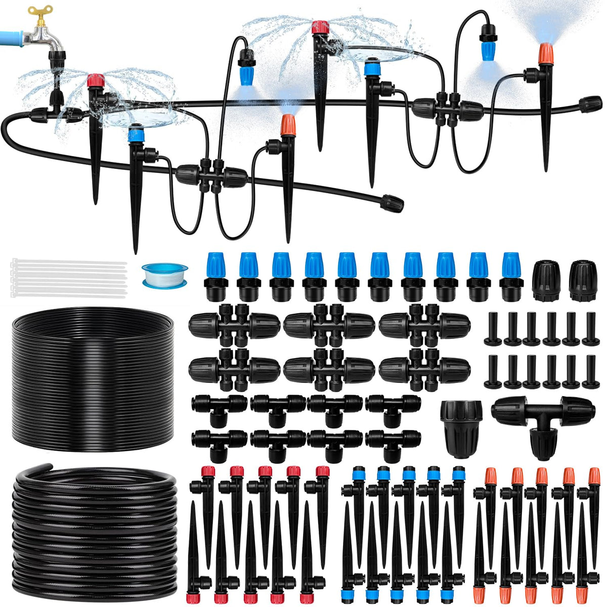 TJJFMM 230FT Drip Irrigation System for Garden with 40 Nozzles & Emitters, Garden Watering System with 1/2" & 1/4" Tube and Barbed Fittings - Adjustable Sprinklers Kit for Greenhouse, Lawn, Raised Bed