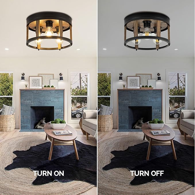 MAYNA 3-Light Retro Farmhouse Flush Mount Round Vintage Metal and Wood Ceiling Light Fixtures, Rustic Ceiling Lamp for Kitchen, Hallway, Entryway, Bedroom, Dining Room