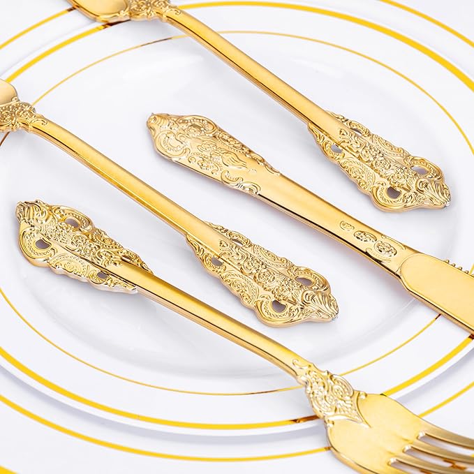 WDF 120PCS Gold Plastic Silverware - Heavy Duty Gold Plastic Cutlery Set Disposable Utensils - 40 Forks, 40 Spoons, 40 Knives, Perfect for Thanksgiving Party/Weeding and Daily Use