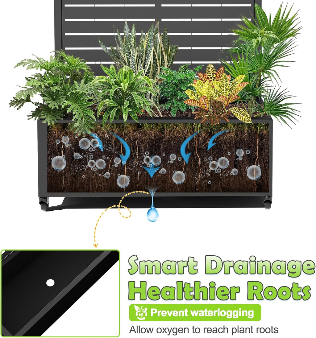 15.7"×70.9"×35.4" Metal Raised Garden Bed with Trellis and Wheels - Tall Trellis Planter Box for Climbing Plants, Vegetables & Vines - Outdoor Privacy Planters for Patio (Black-Louvered)