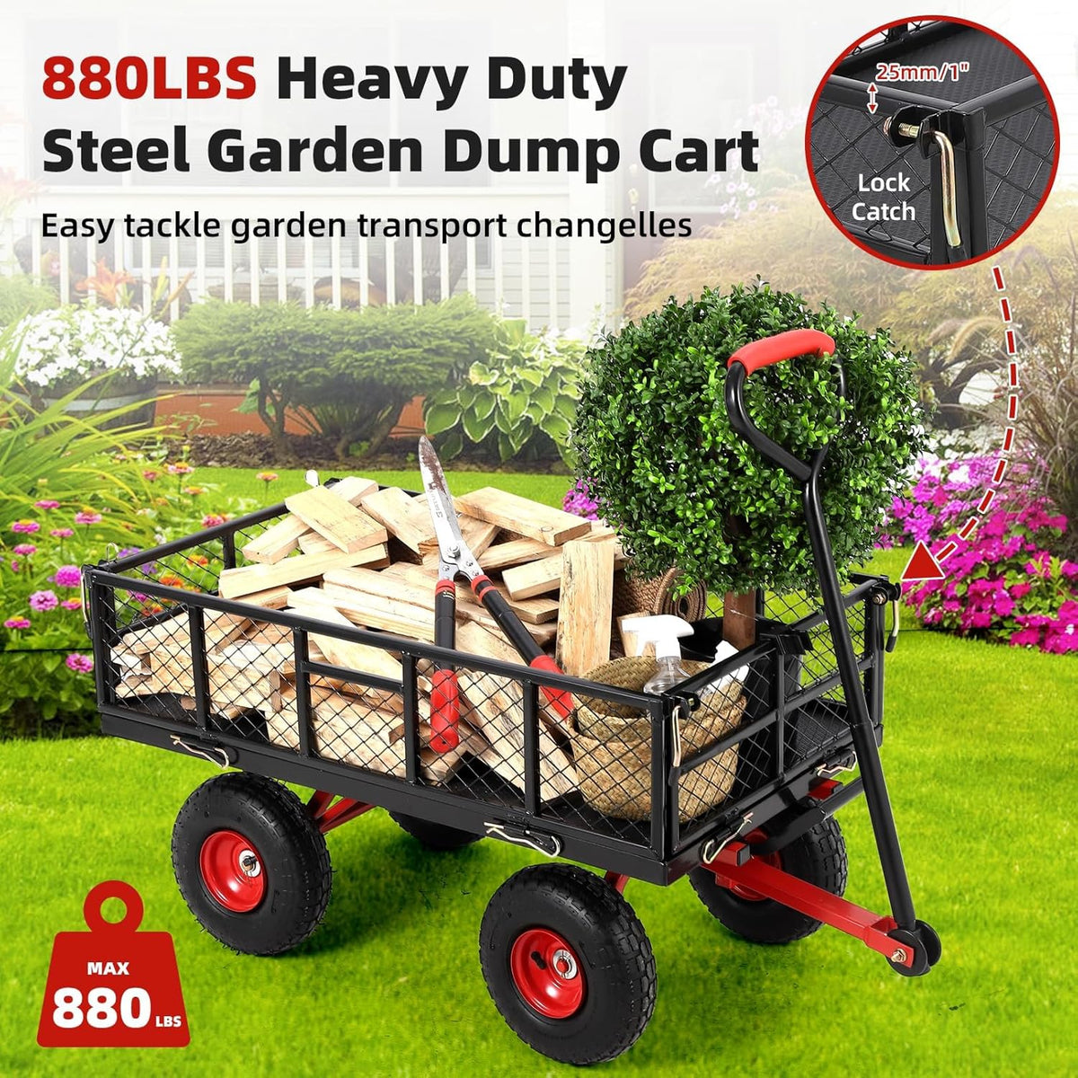 Heavy Duty Steel Garden Dump Cart, 880LBS Meatl Utility Wagon with Removable Sides & 180° Rotating Handle, Utility Dump Cart with 10-Inch All Terrain Wheels for Yard Lawn and Farm