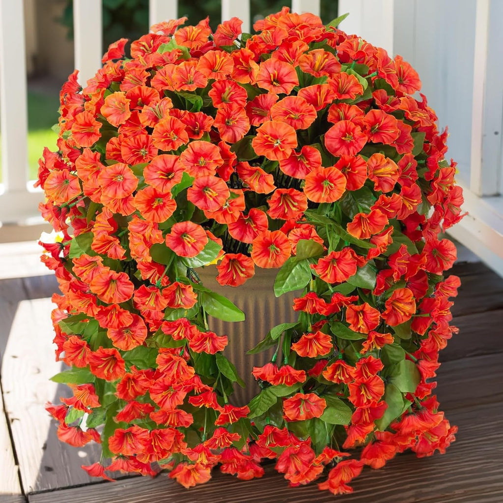 HyeFlora Artificial Fake Fall Hanging Flowers Plants for Outdoor Outside, 2PCS Faux Silk Orange Morning Glory Trailing Vines UV Resistant Look Real for Home Planter Porch Patio
