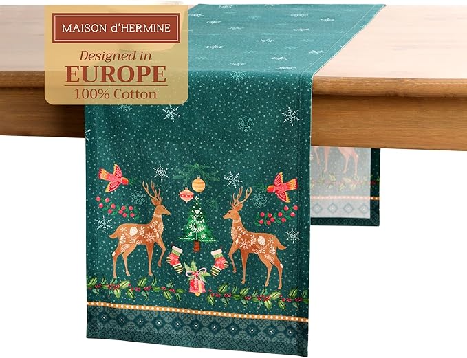 Maison d' Hermine Table Runner 100% Cotton Single Layer Table Runners 108 inches Long for Thanksgiving Christmas Decorations Home Kitchen Dining Party Wedding (Hygge Christmas, 14.5" x 108")