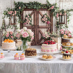 7x5ft Country Wedding Photography Backdrop Floral Rustic Roses Farmhouse Wooden Door Backdrop Pink Flower Birthday Baby Shower Wedding Bridal Party Banner Photo Booth Props Anniversary Background