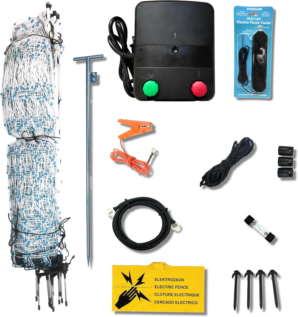 Starkline Electric Poultry Netting Kit - AC Energizer (48" x164' White/Blue Poultry Netting) (12/48/3) All-in-One Electric Fence Kit for Backyards, Homesteads, Ranches or Farms