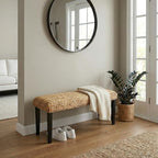 End of Bed Bench for Bedroom, 47" Entryway Bench with Solid Wood Acacia, Water Hyacinth Indoor Bench Seat, Boho Woven Bench for Living Room, Wicker Bench for Hallway or Kitchen, Wood Bench (Black Leg)