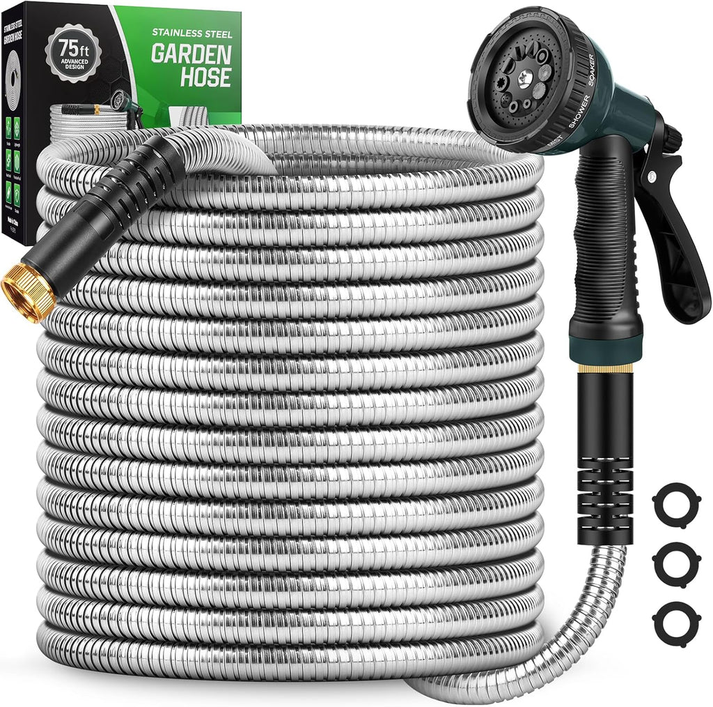 Garden Hose with 10-Function Nozzle, Leak-proof Metal Connector Hose, No Knots, Kink-Free, Lighter, Anti-Pets, Wear-Resistant, 3/4 GHT, Water Hose for Garden, Yard, Outdoor（75 FT）