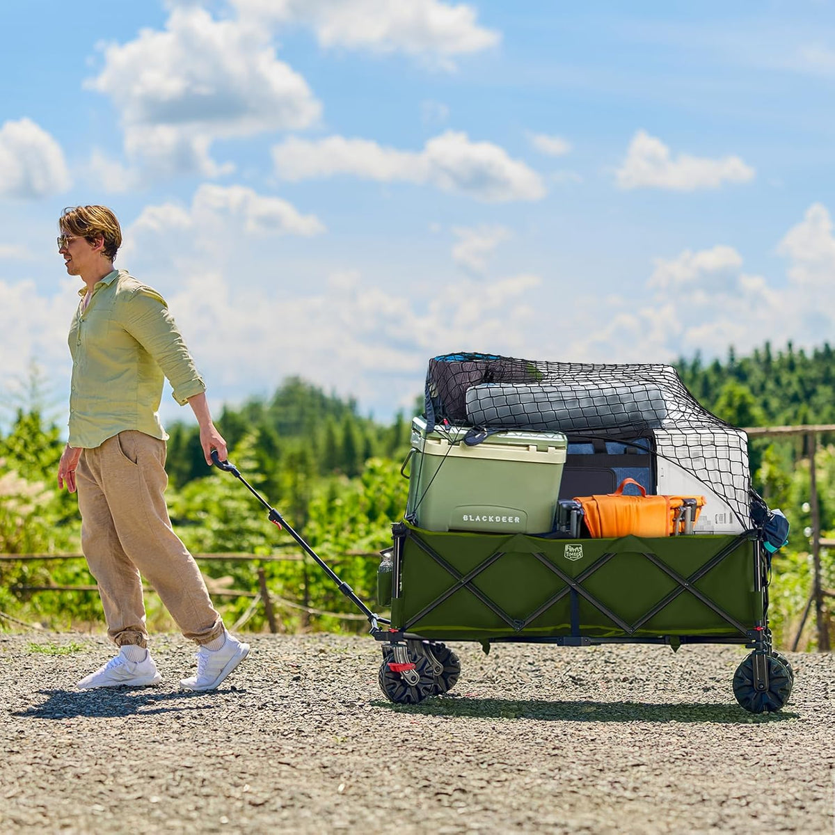 Timber Ridge 51.2'' Extended Collapsible Wagon Cart with Brakes and Cargo Net, Heavy Duty Foldable Utility Wagon with Adjustable Handle, 400L Capacity Portable Cart for Camping Sports Shopping