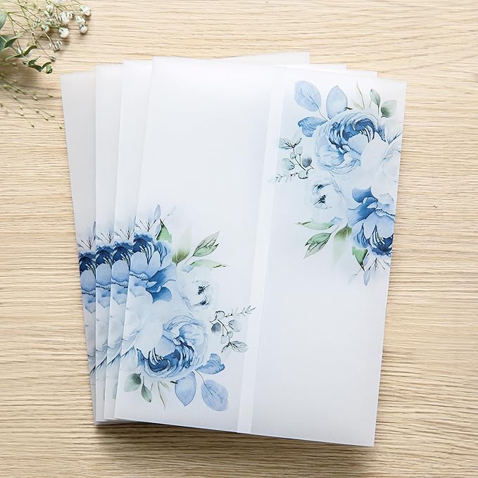 PONATIA 50PCS Vellum Jackets for 5x7 Invitation Cards- 135GSM Light Blue Floral Printed Vellum Sleeves, Quinceanera Wedding Invitation Cards Wraps, Transparent Christmas Gift Cards Jackets