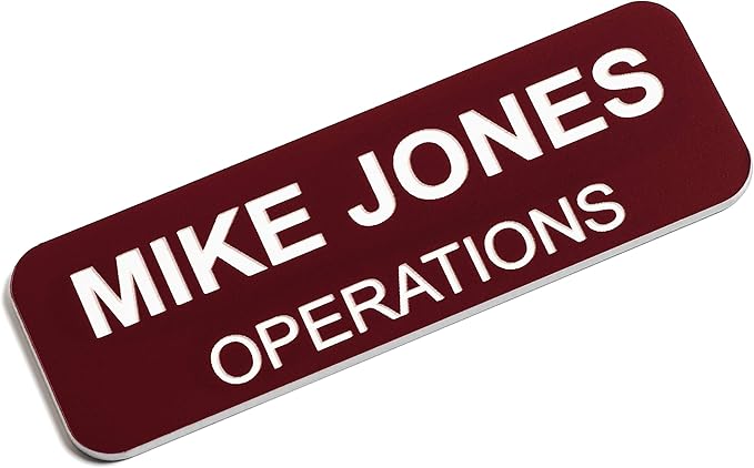 Custom Engraved Name Tag Badges – Personalized Identification with Pin or Magnetic Backing, 1 Inch x 3 Inches, Claret/White