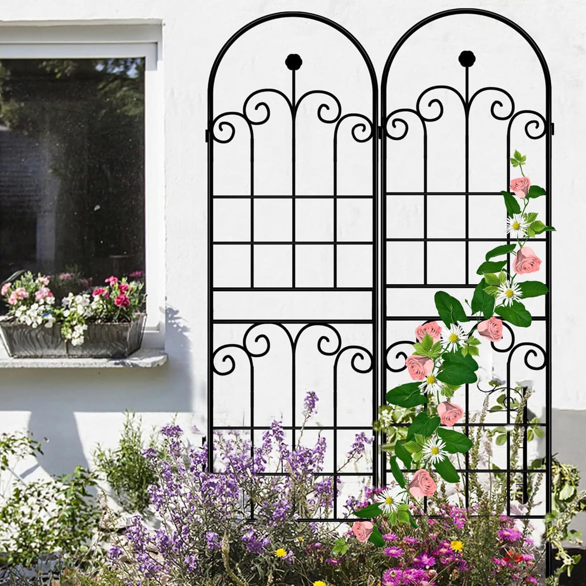 LZRS 2 Pack 71x20in Rustic Iron Arch Decoration Garden Trellis with Black Metal Coating – Perfect for Supporting Climbing Plants Outdoor, Roses, Vines, Flowers, and Vegetables.