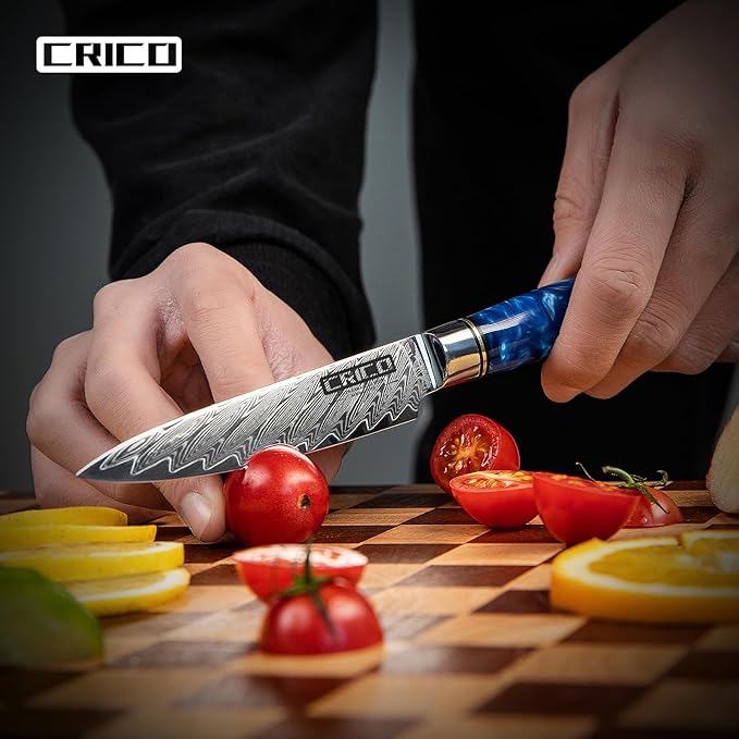 CRICO Paring Knife 5 inch, Kitchen Utility Knife, Fruit Paring Knives, VG10 Damascus Super Steel Forged 67-Layers, Full Tang Wood&Resin Handle, Gift Box - Flow Series