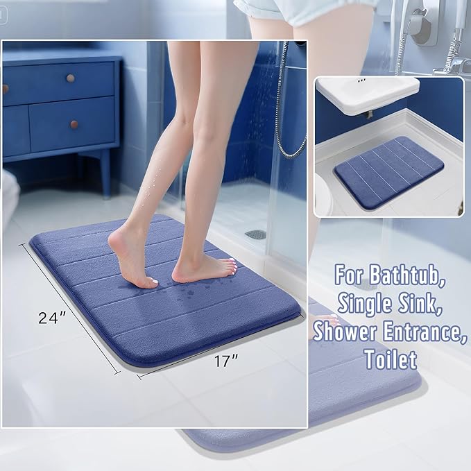 Yimobra Memory Foam Bath Mat, Super Soft Absorbent Bathroom Rug Non Slip 24x17 Inch, Quick Dry, Machine Washable Floor Carpet for Tub Shower, Home Decor Accessories, Navy Blue