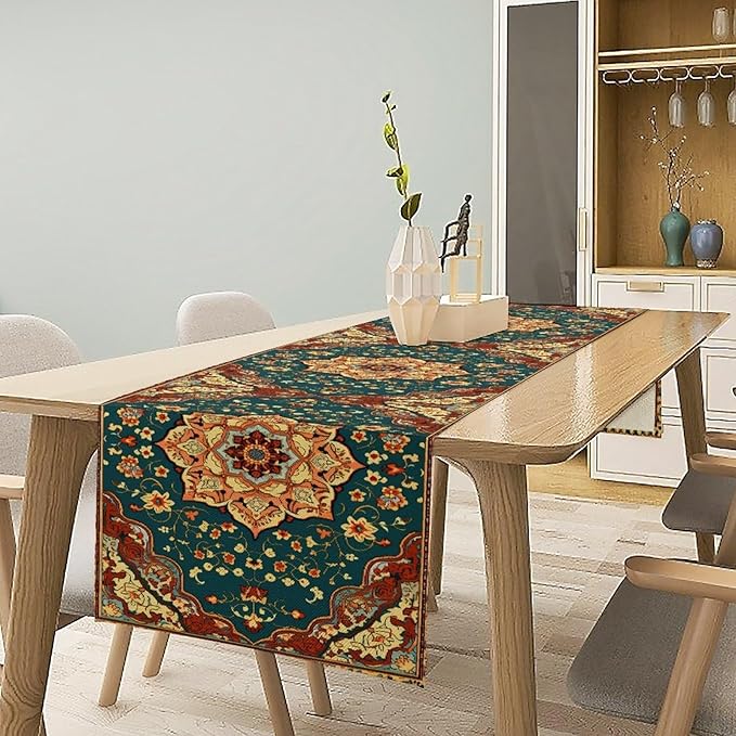Boho Rich Table Runner, Vintage Blue Teal Gold Retro Flower Rustic Country Style Floral Print Pattern for Home Kitchen Table Decor Dining Coffee Room Garden Party Decor 13x90in