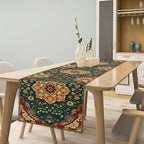 Boho Rich Table Runner, Vintage Blue Teal Gold Retro Flower Rustic Country Style Floral Print Pattern for Home Kitchen Table Decor Dining Coffee Room Garden Party Decor 13x90in