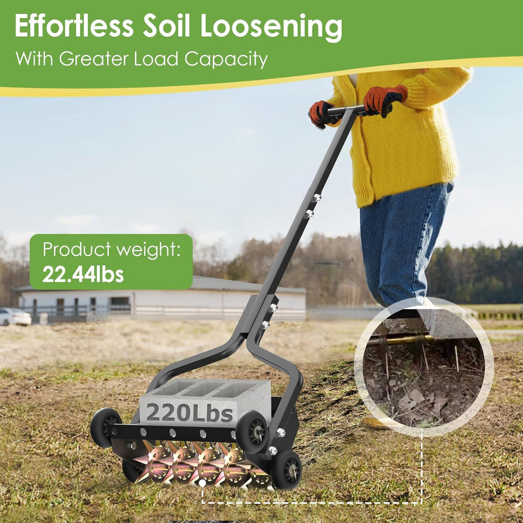 Seeutek 18 Inch Lawn Aerator, Upgraded Heavy Duty Manual Aerators Lawn Tool w/ 3D Steel Tines, 4 Wheels & Non-Slip Handle, Push Spike Aerator Suitable for Lawn, Garden and Yard