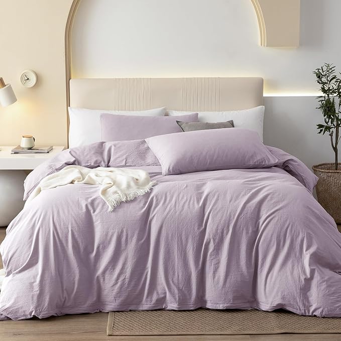 JIYUAN 100% Washed Cotton Duvet Cover Set 2 Pieces Twin, 1 Duvet Cover 68x90 Inches(Comforter Not Included) and 1 Pillowcase,Linen Like Comfy and Breathable,Heathered Light Purple
