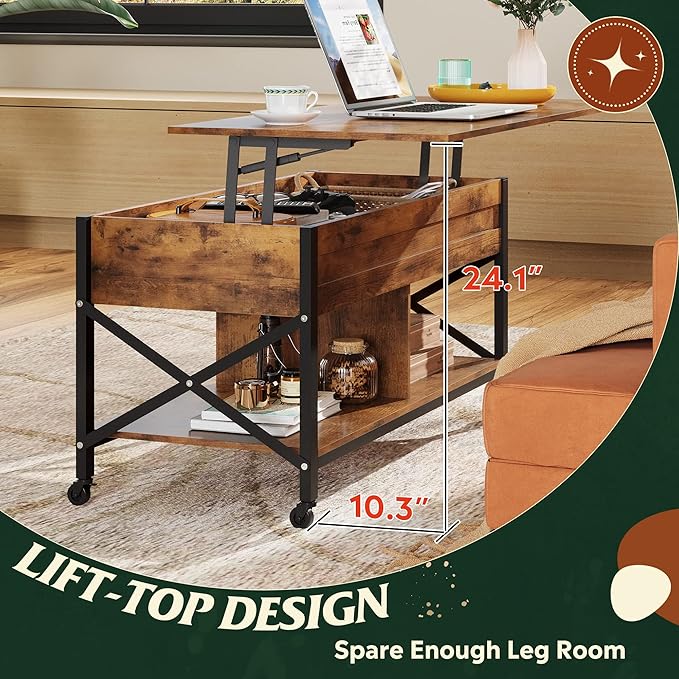 WLIVE Coffee Table, 41.3" Lift Top Coffee Table with 4 Wheels, Hidden Compartment, Storage Shelf and Lift Tabletop for Living Room, Reception Room, Rustic Brown