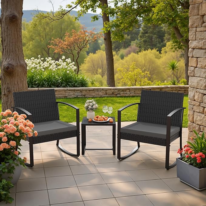 Homall Patio Furniture Set 3 Piece Resin Outdoor Bistro Set Rocking Patio Chairs with Cushions and Table for Porch, Poolside, Balcony and Yard (Grey)