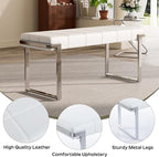 Upholstered Dining Bench, 44.29 Inch Leather Upholstered Bedroom Benches, Entryway Bench for Living Room Kitchen Dining Room(White&Silver)