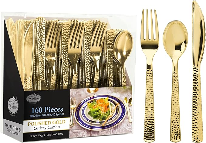 Plastic Cutlery Silverware Extra Heavyweight Disposable Flatware, Full Size Cutlery Combo, Gold Pebbled, 80 Forks, 40 Spoons, 40 Knifes, Value Pack 160 Count