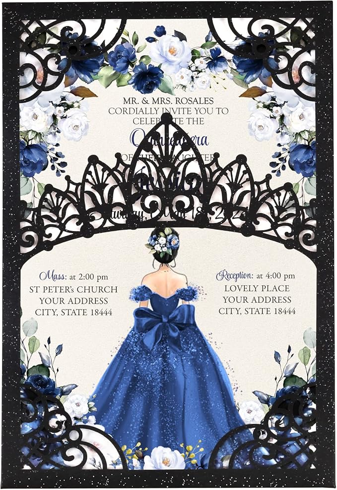 50Pcs Navy Blue Crown Invitations for Quinceanera, 15 year, Sweet 16, Miss XV, Birthday Laser Cut Quince Invitation Cards Personalized Pearlized Black