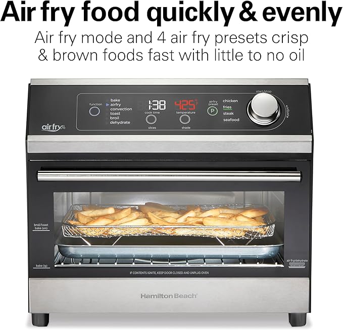 Hamilton Beach Digital Air Fryer Toaster Oven Combo, 10 Ways to Cook, 4 Preset Functions, Stay On & 1800 Watts, LED Capacitive-Touch Controls, 2 Rack Positions, Fits 12” Pizza, Black & Stainless Steel