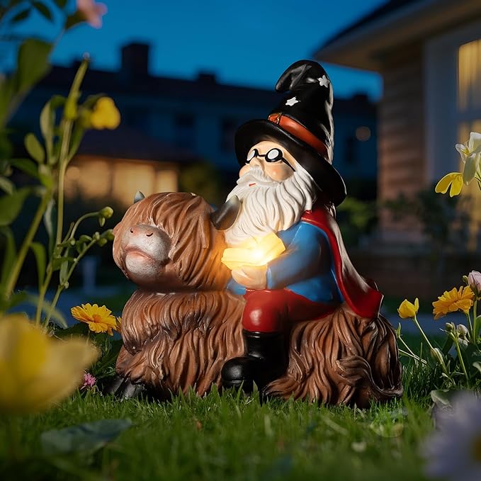 Highland Cow Solar Garden Gnome Outdoor Statue 8 Inch Funny Gnomes Decorations for Yard Lawn Patio Adorable Decor Birthday Gifts for Women Mom Grandma