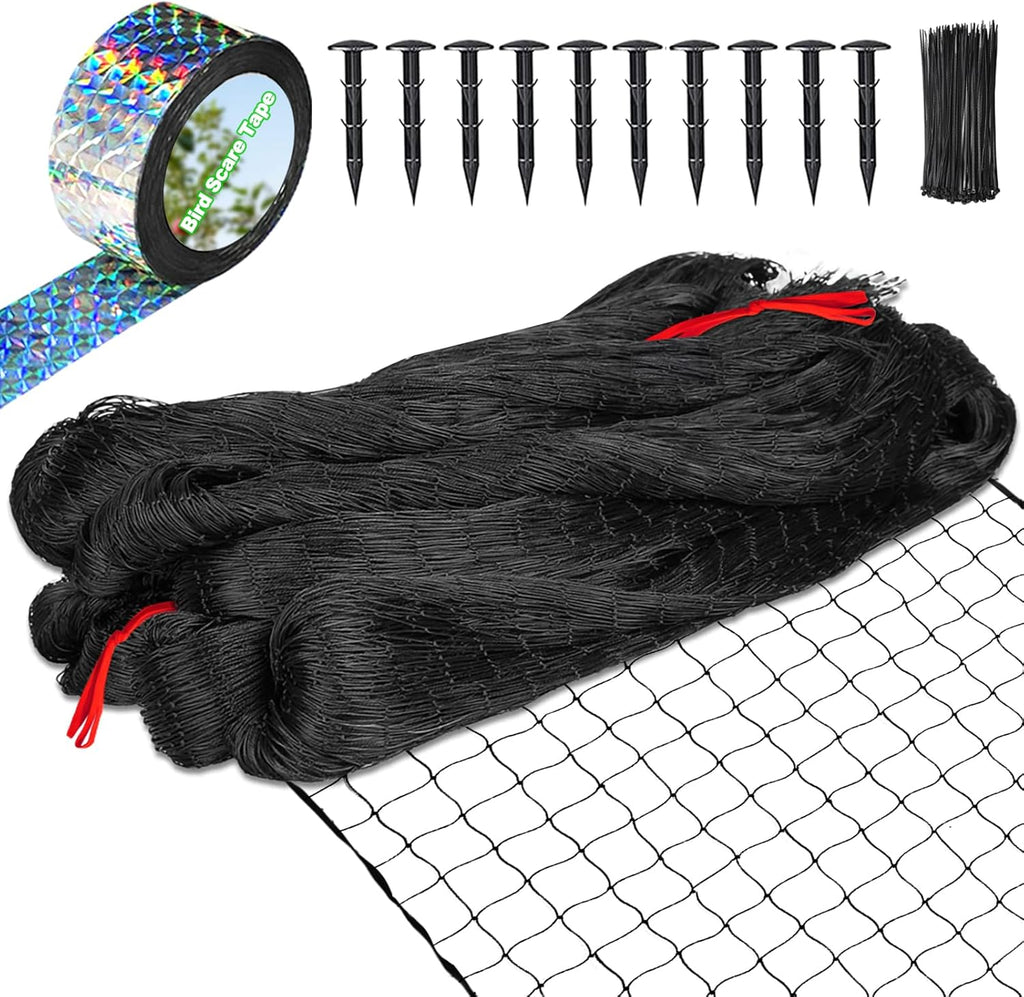 Bird Netting 25'x50' with 2" Mesh Garden Net with Bird Scare Tape, Avian Nettings for Chicken Coop Roof, Heavy Duty Nylon Nettings for Garden, Chicken Coop Netting Fruit Tree Net