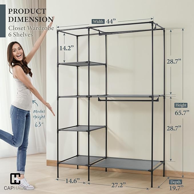 CAPHAUS 44-Inch Clothing Rack with Cover, Portable Closet Wardrobe, Covered Garment Rack for Hanging Clothes, 230LB Capacity Heavy-Duty Metal Frame Clothes Organizer Rack with Storage Shelves
