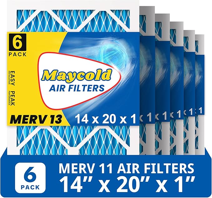 Maycold 14x20x1 MERV 11 Furnace Air Filter (6-Pack), High-Performance HVAC AC Filters for Home Use, Actual Size: 13.70” x 19.70” x 0.75”, Individually Wrapped in Plastic