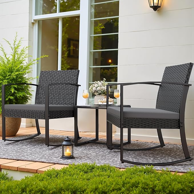 Homall Patio Furniture Set 3 Piece Resin Outdoor Bistro Set Rocking Patio Chairs with Cushions and Table for Porch, Poolside, Balcony and Yard (Grey)