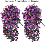 Artificial Fake Hanging Flowers Plants Vines for Outdoor Summer Decoration, 2PCS Faux Silk Orchid Long Stems Look Real UV Resistant for Home Outside Garden Wall Indoor(Dark Purple and Fuchsia)