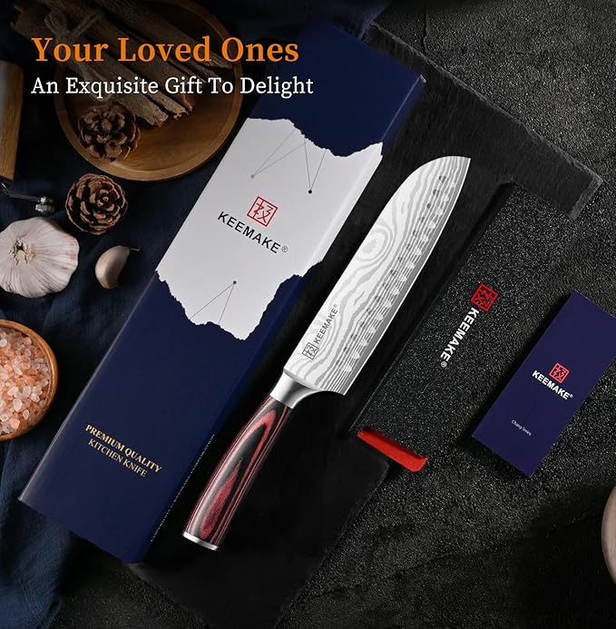 KEEMAKE 7 Inch Japanese Santoku Knife, Ultra-Sharp 1.4116 High Carbon Steel Blade with Pakkawood Handle, Professional Chef's Knife for Kitchen w/Sheath and Gift Box